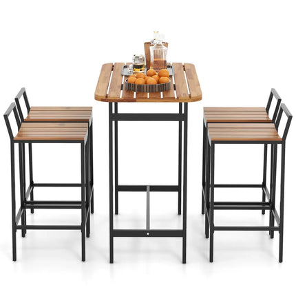 5 Piece Acacia Wood Bar Table Set Bar Height Table and Chairs with Metal Frame and Footrest - Patio Bar Furniture