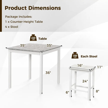 5-Piece Bar Table Set Counter-Height Dining Table and 4 Bar Stools-White Costway