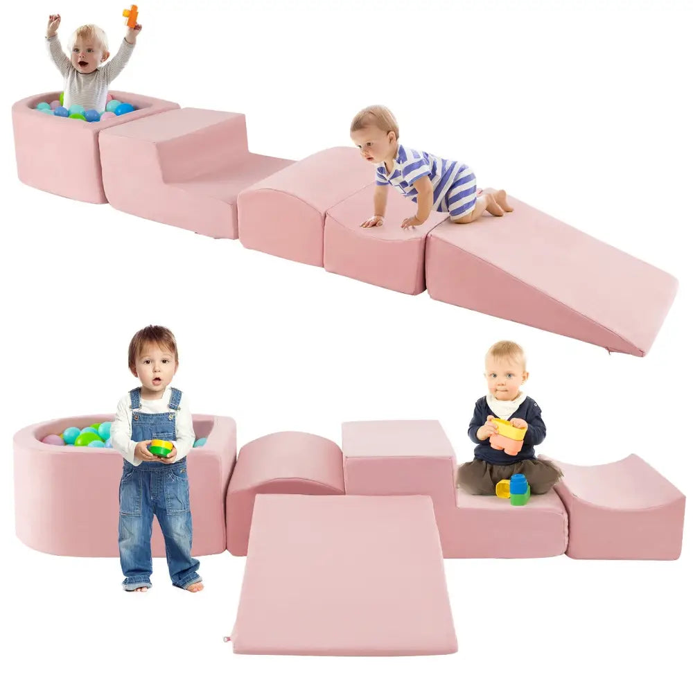 5-Piece Climb and Crawl Playset with Ball Pit for Kids-Pink - Pink - Climbers & Slides