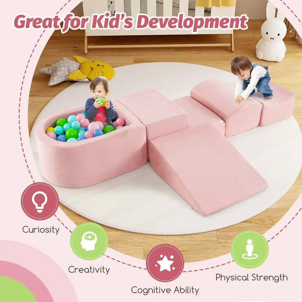 5-Piece Climb and Crawl Playset with Ball Pit for Kids-Pink - Pink - Climbers & Slides