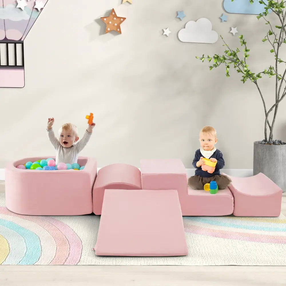 5-Piece Climb and Crawl Playset with Ball Pit for Kids-Pink - Pink - Climbers & Slides