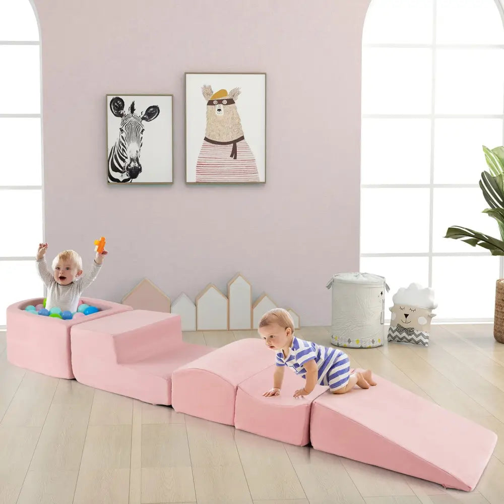 5-Piece Climb and Crawl Playset with Ball Pit for Kids-Pink - Pink - Climbers & Slides