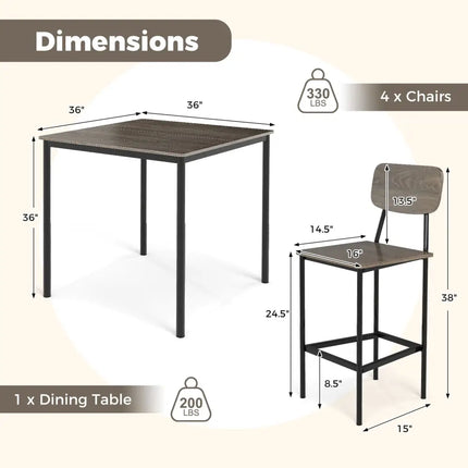 5-Piece Counter-Height Dining Bar Table Set with 4 Bar Chairs-Gray Costway
