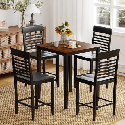 5-Piece Counter-Height Dining Table Set with Rubber Wood Frame and Footrest Costway