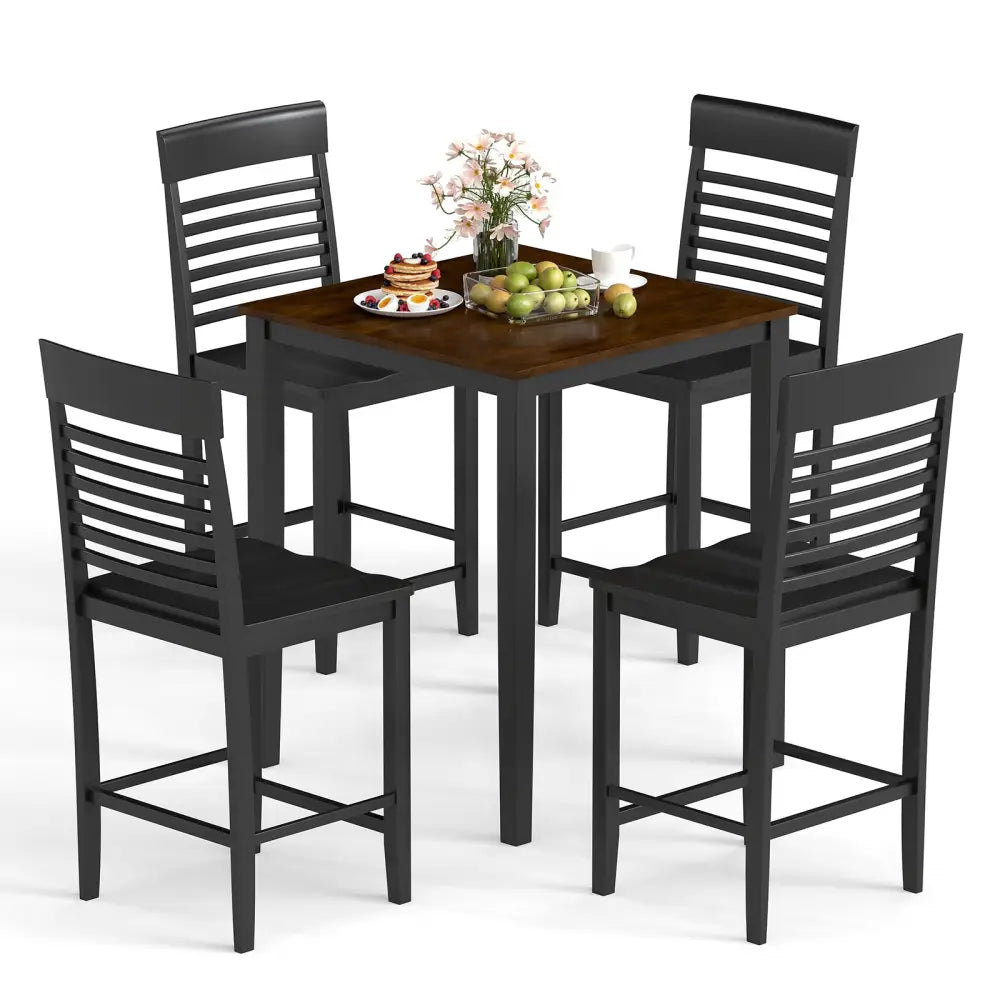 5-Piece Counter-Height Dining Table Set with Rubber Wood Frame and Footrest - Dining Room Sets