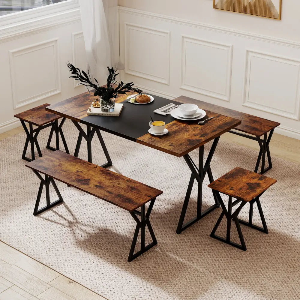 5-Piece Dining Room Set Industrial Rectangular Kitchen Table with 2 Benches and 2 Stools-Rustic Brown - Rustic Brown