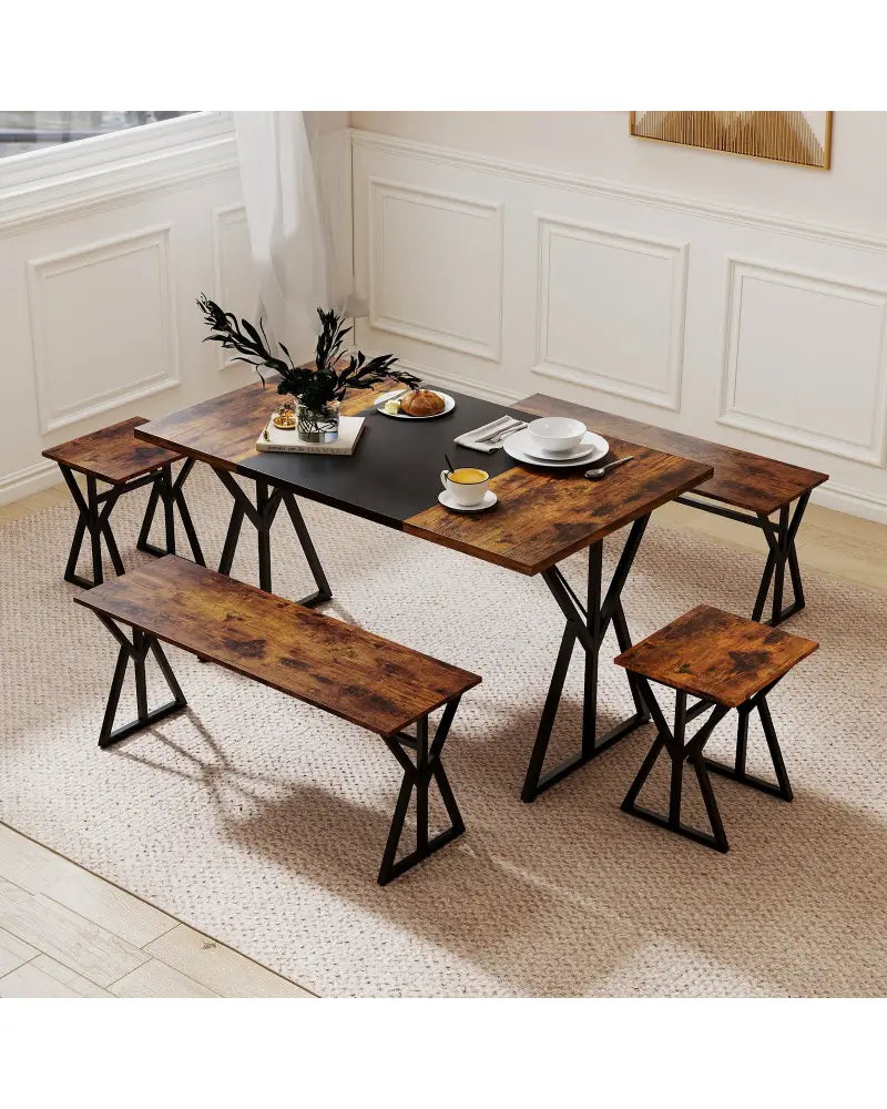 5-Piece Dining Room Set Industrial Rectangular Kitchen Table with 2 Benches and 2 Stools-Rustic Brown - Rustic Brown