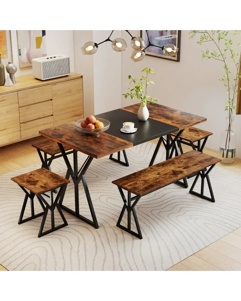 5-Piece Dining Room Set Industrial Rectangular Kitchen Table with 2 Benches and 2 Stools-Rustic Brown - Rustic Brown