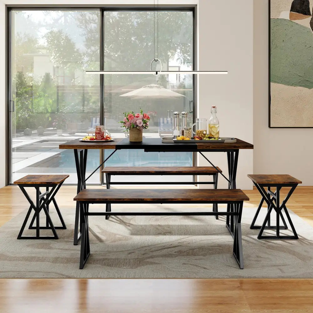 5-Piece Dining Room Set Industrial Rectangular Kitchen Table with 2 Benches and 2 Stools-Rustic Brown - Rustic Brown