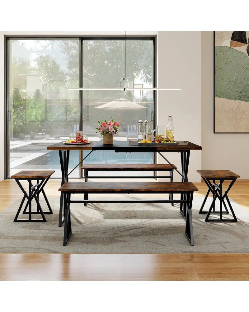 5-Piece Dining Room Set Industrial Rectangular Kitchen Table with 2 Benches and 2 Stools-Rustic Brown - Rustic Brown