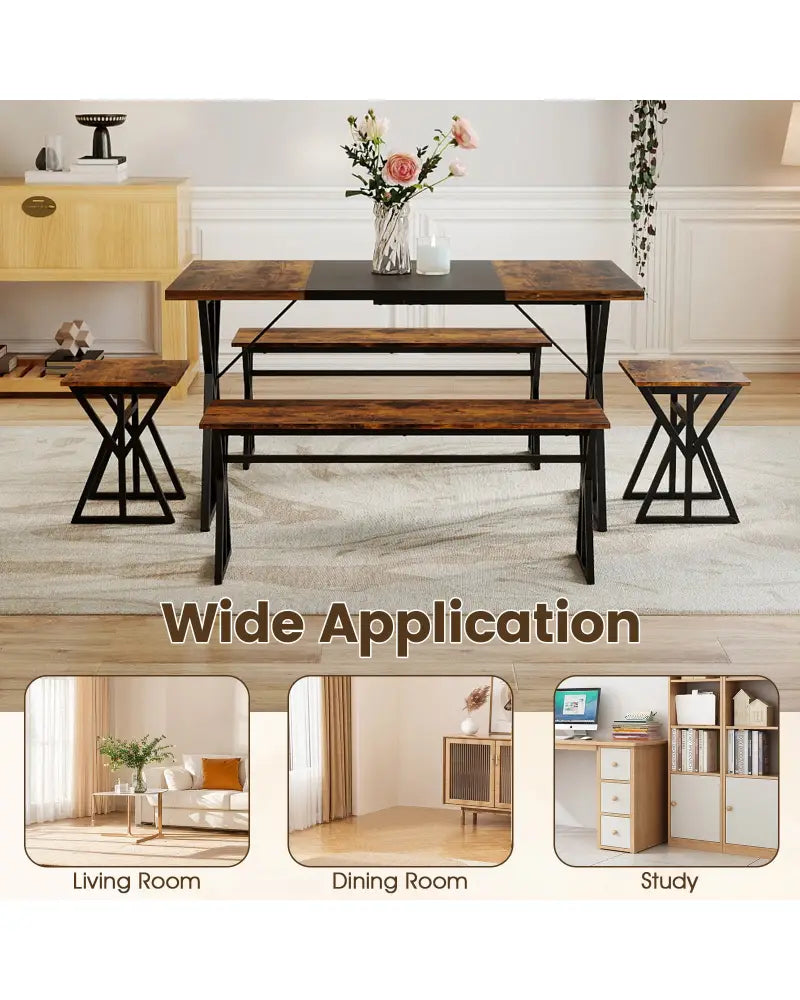 5-Piece Dining Room Set Industrial Rectangular Kitchen Table with 2 Benches and 2 Stools-Rustic Brown - Rustic Brown