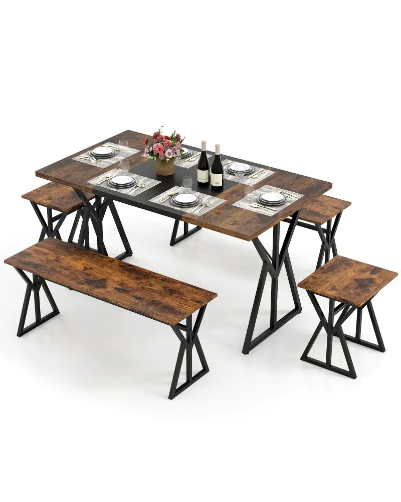 5-Piece Dining Room Set Industrial Rectangular Kitchen Table with 2 Benches and 2 Stools-Rustic Brown - Rustic Brown