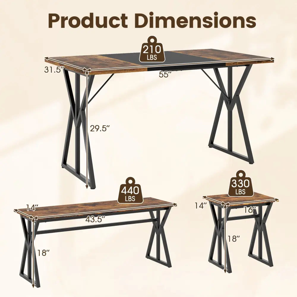 5-Piece Dining Room Set Industrial Rectangular Kitchen Table with 2 Benches and 2 Stools-Rustic Brown - Rustic Brown