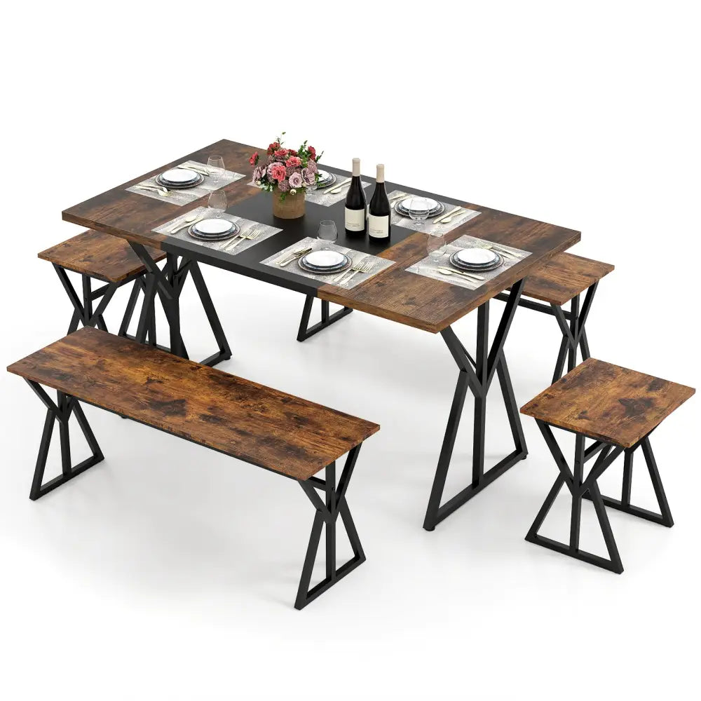 5-Piece Dining Room Set Industrial Rectangular Kitchen Table with 2 Benches and 2 Stools-Rustic Brown - Rustic Brown
