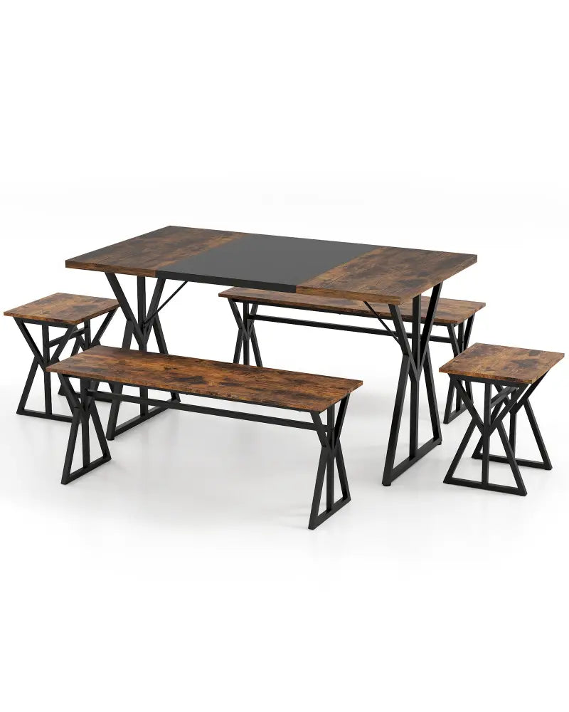 5-Piece Dining Room Set Industrial Rectangular Kitchen Table with 2 Benches and 2 Stools-Rustic Brown - Rustic Brown