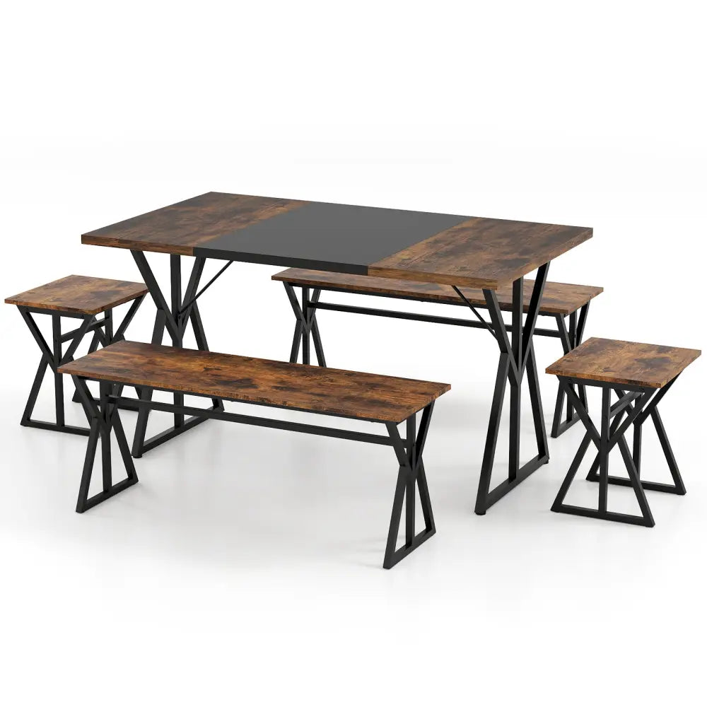 5-Piece Dining Room Set Industrial Rectangular Kitchen Table with 2 Benches and 2 Stools-Rustic Brown - Rustic Brown