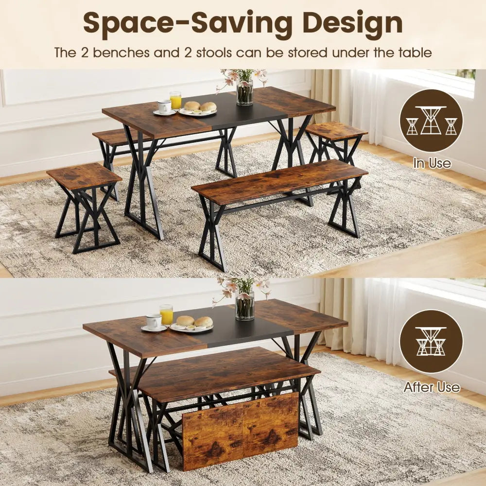 5-Piece Dining Room Set Industrial Rectangular Kitchen Table with 2 Benches and 2 Stools-Rustic Brown - Rustic Brown
