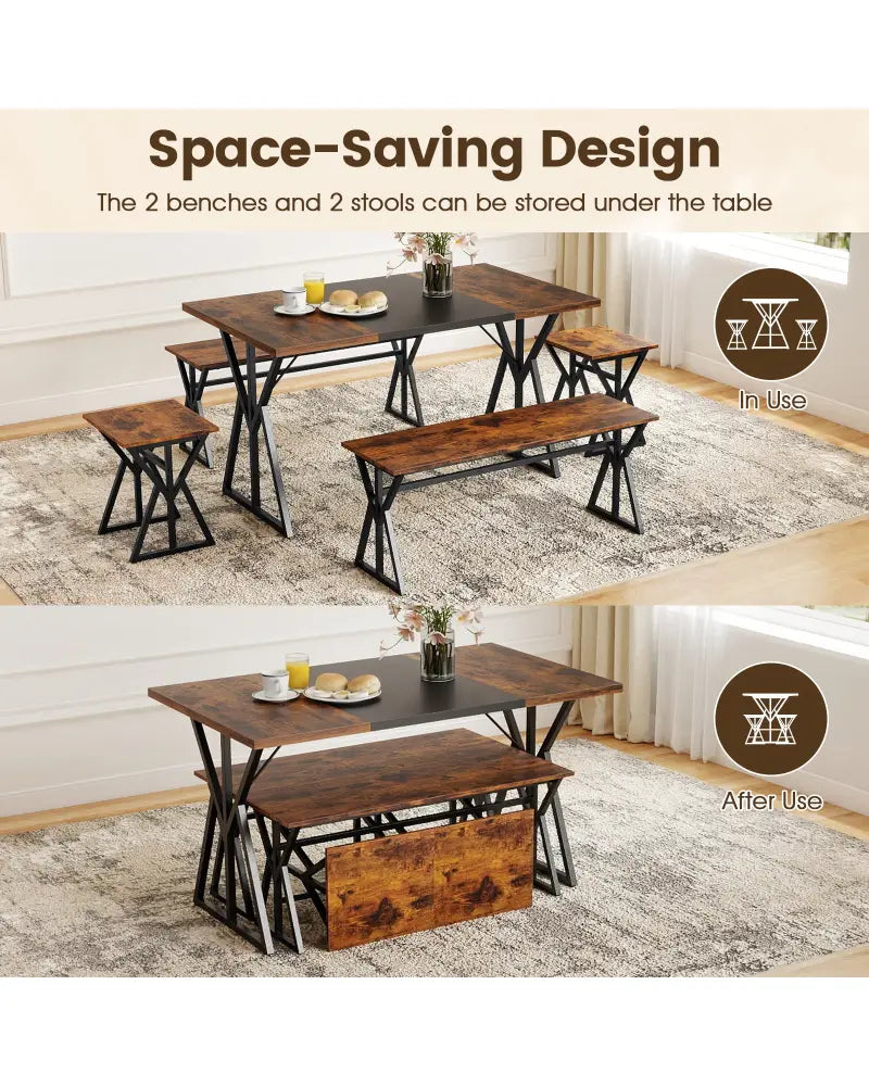 5-Piece Dining Room Set Industrial Rectangular Kitchen Table with 2 Benches and 2 Stools-Rustic Brown - Rustic Brown