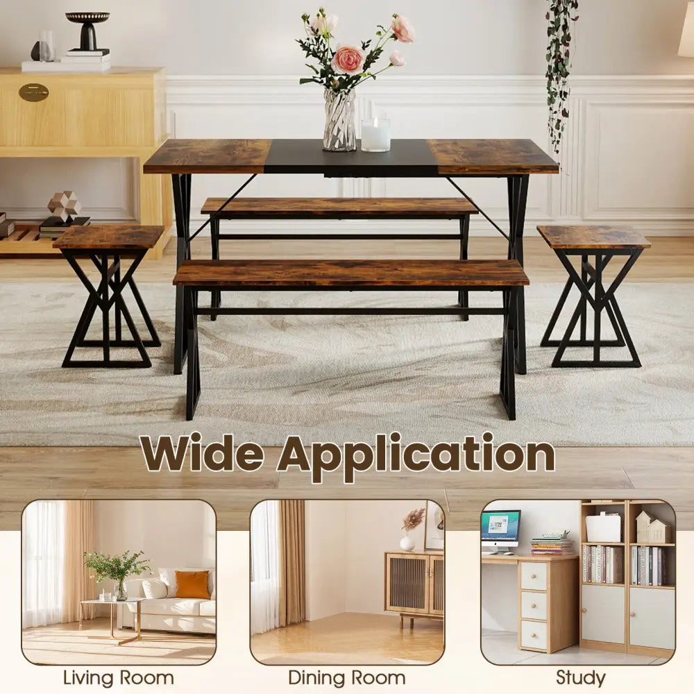 5-Piece Dining Room Set Industrial Rectangular Kitchen Table with 2 Benches and 2 Stools-Rustic Brown - Rustic Brown