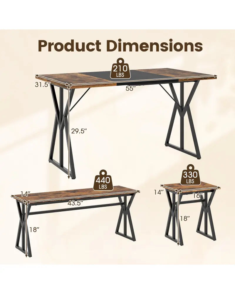 5-Piece Dining Room Set Industrial Rectangular Kitchen Table with 2 Benches and 2 Stools-Rustic Brown - Rustic Brown