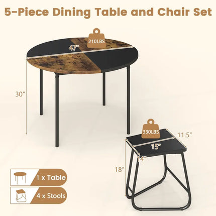 5-Piece Dining Set for 4 47 Inch Round  Kitchen Table and 4 Stools-Brown Costway