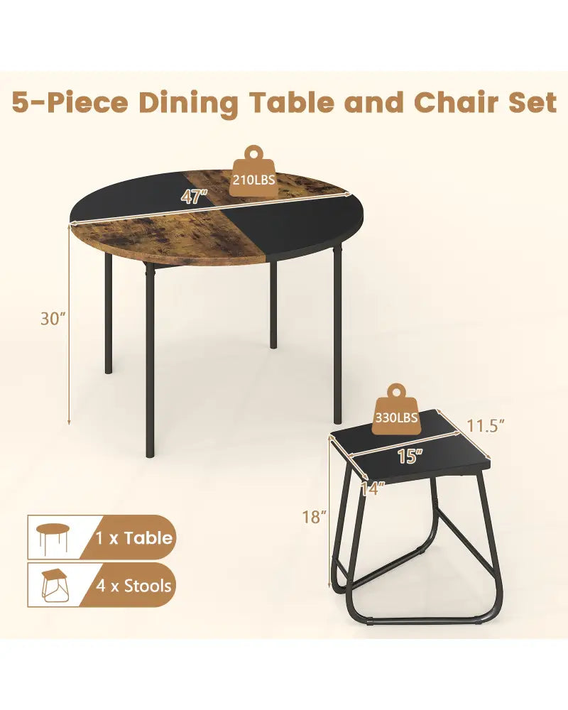 5-Piece Dining Set for 4 47 Inch Round Kitchen Table and 4 Stools-Brown - Brown - Dining Room Sets