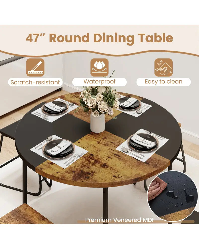 5-Piece Dining Set for 4 47 Inch Round Kitchen Table and 4 Stools-Brown - Brown - Dining Room Sets