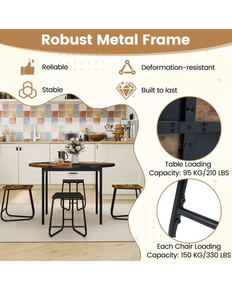 5-Piece Dining Set for 4 47 Inch Round Kitchen Table and 4 Stools-Brown - Brown - Dining Room Sets