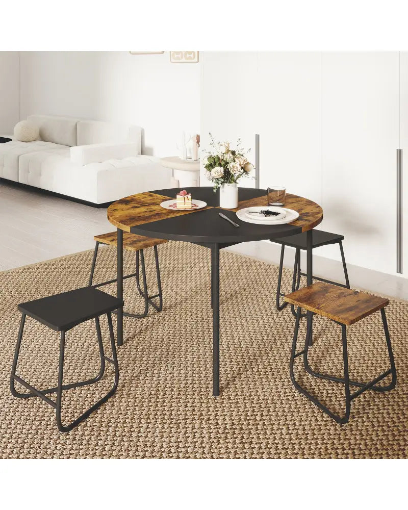 5-Piece Dining Set for 4 47 Inch Round Kitchen Table and 4 Stools-Brown - Brown - Dining Room Sets