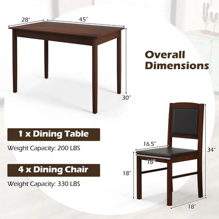 5-Piece Dining Set for 4 with Rubber Wood Legs for Small Dining Room-Brown Costway