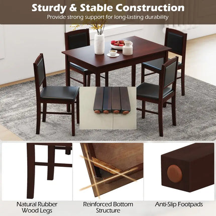 5-Piece Dining Set for 4 with Rubber Wood Legs for Small Dining Room-Brown Costway