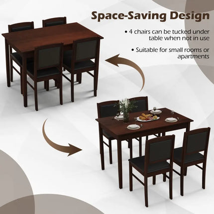 5-Piece Dining Set for 4 with Rubber Wood Legs for Small Dining Room-Brown Costway