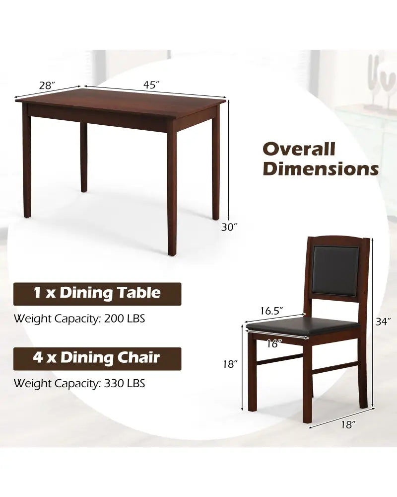 5-Piece Dining Set for 4 with Rubber Wood Legs for Small Dining Room-Brown - Brown - Dining Room Sets