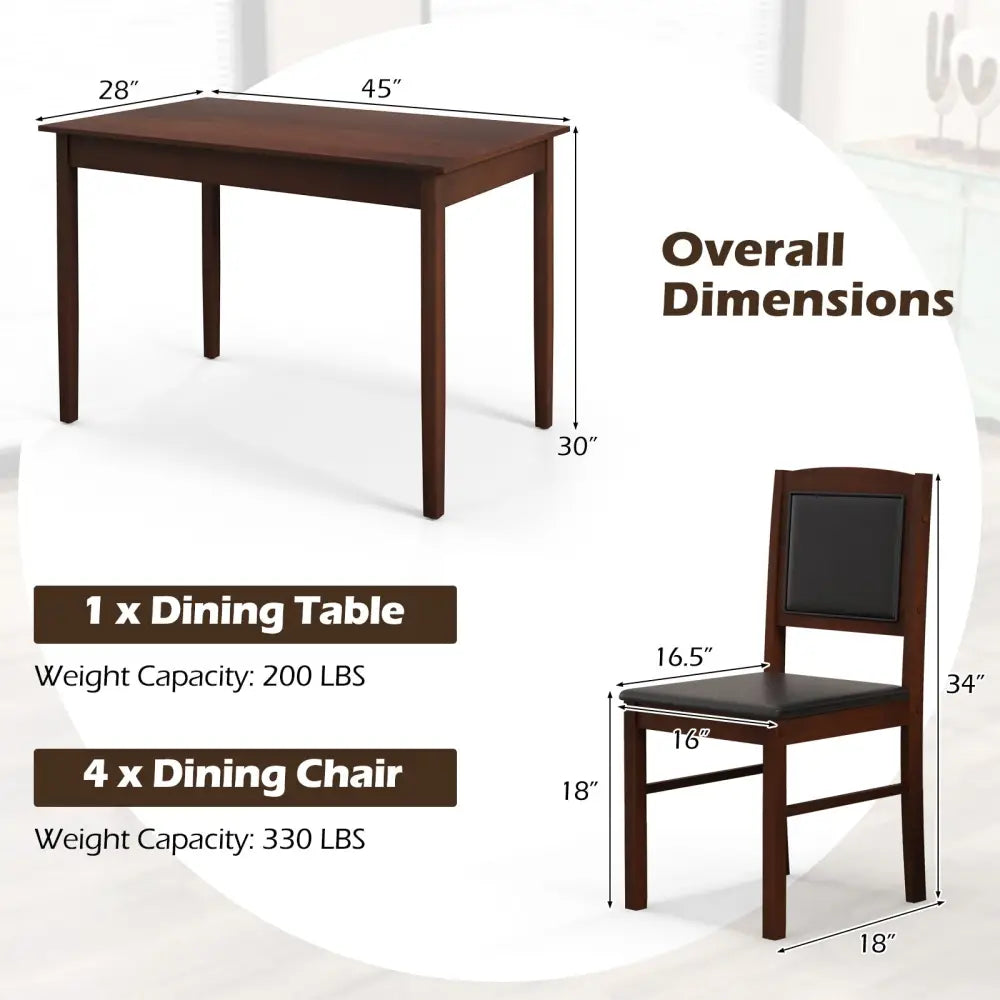 5-Piece Dining Set for 4 with Rubber Wood Legs for Small Dining Room-Brown - Brown - Dining Room Sets