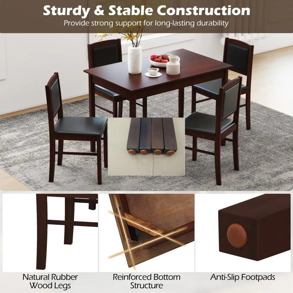 5-Piece Dining Set for 4 with Rubber Wood Legs for Small Dining Room-Brown - Brown - Dining Room Sets