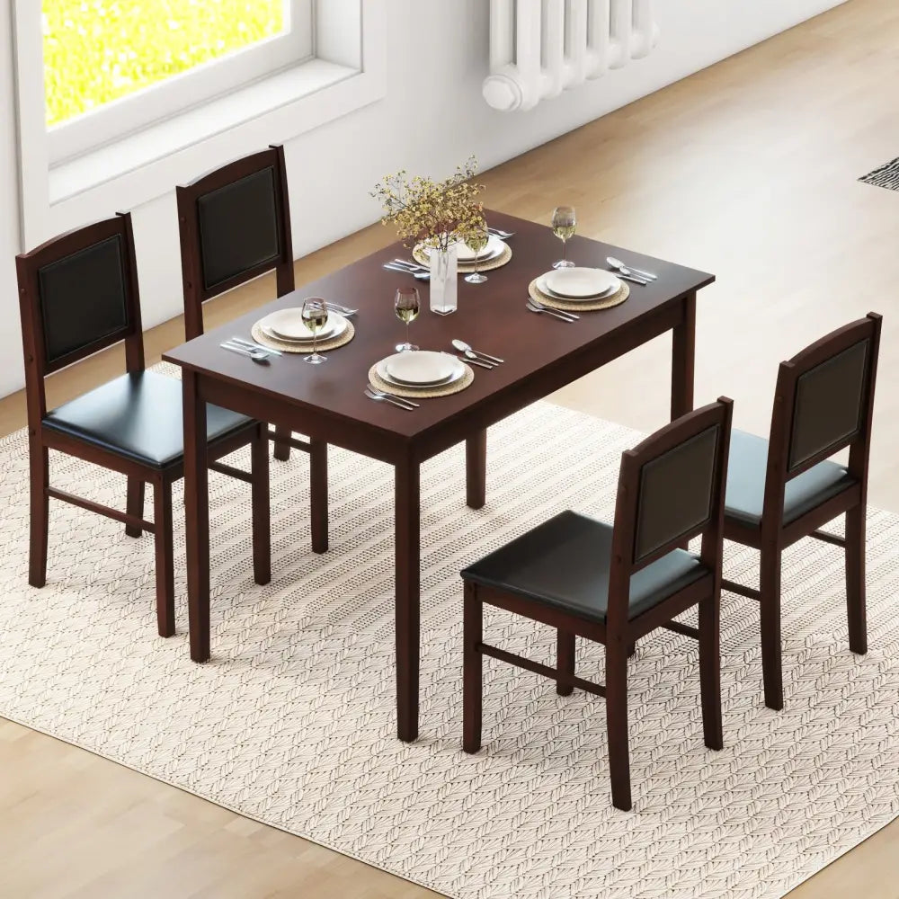 5-Piece Dining Set for 4 with Rubber Wood Legs for Small Dining Room-Brown - Brown - Dining Room Sets