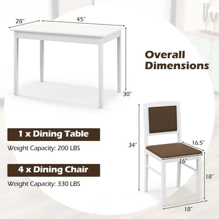 5-Piece Dining Set for 4 with Rubber Wood Legs for Small Dining Room-White Costway
