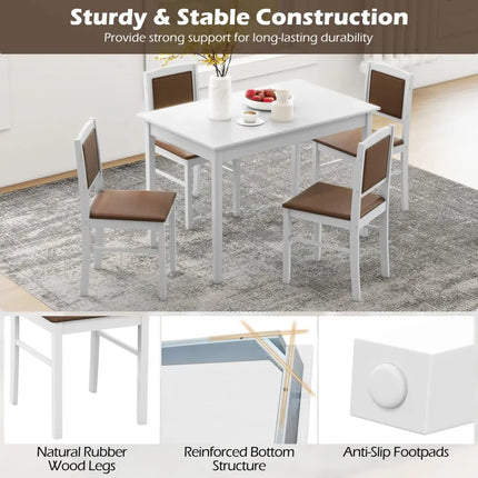 5-Piece Dining Set for 4 with Rubber Wood Legs for Small Dining Room-White Costway