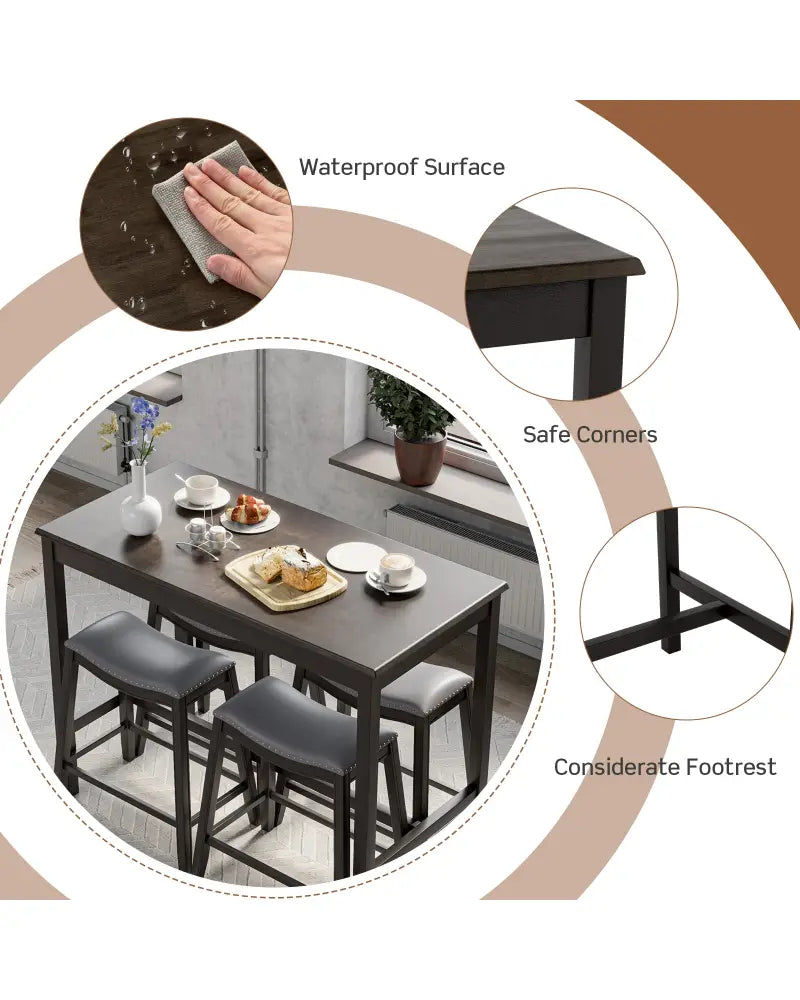 5-Piece Dining Set with 4 Upholstered Stools - Black - Dining Room Sets