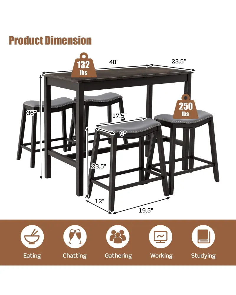 5-Piece Dining Set with 4 Upholstered Stools - Black - Dining Room Sets