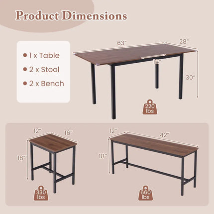 5 Piece Dining Table Set for 4-6 with 2 Benches & 2 Stools for Kitchen Dining Room-Walnut Costway