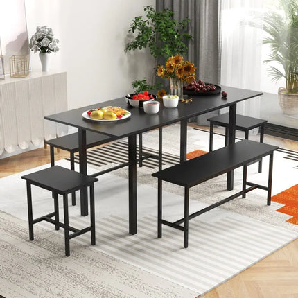 5 Piece Dining Table Set for 4-6 with 2 Benches & 2 Stools for Kitchen Dining Room-Black Costway
