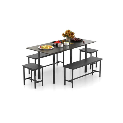 5 Piece Dining Table Set for 4-6 with 2 Benches & 2 Stools for Kitchen Dining Room-Black Costway