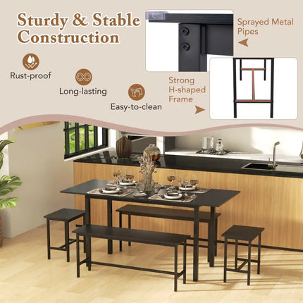 5 Piece Dining Table Set for 4-6 with 2 Benches & 2 Stools for Kitchen Dining Room-Black Costway