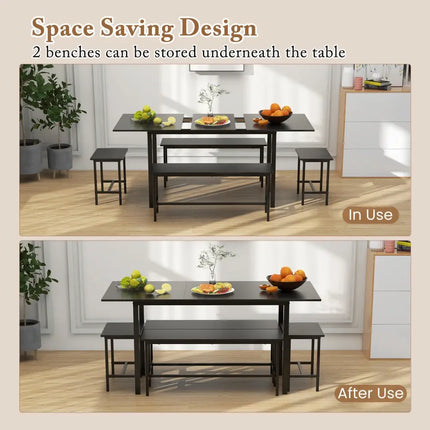 5 Piece Dining Table Set for 4-6 with 2 Benches & 2 Stools for Kitchen Dining Room-Black Costway