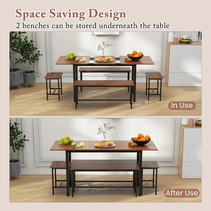 5 Piece Dining Table Set for 4-6 with 2 Benches & 2 Stools for Kitchen Dining Room-Walnut Costway