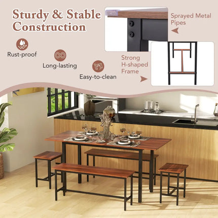 5 Piece Dining Table Set for 4-6 with 2 Benches & 2 Stools for Kitchen Dining Room-Walnut Costway