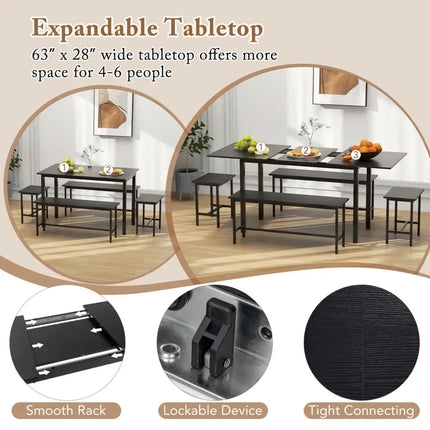 5 Piece Dining Table Set for 4-6 with 2 Benches & 2 Stools for Kitchen Dining Room-Black Costway