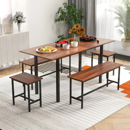 5 Piece Dining Table Set for 4-6 with 2 Benches & 2 Stools for Kitchen Dining Room-Walnut Costway