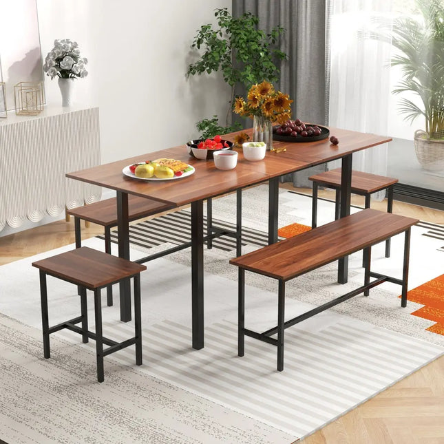 5 Piece Dining Table Set for 4-6 with 2 Benches & 2 Stools for Kitchen Dining Room-Walnut Costway